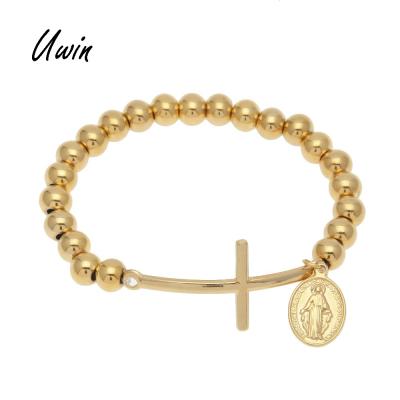 China Hiphop Stainless Steel Gold 8mm Beads Rosary Chain Men Women Cross Bracelet with Virgin Mary Pendant Fashion Gift for sale