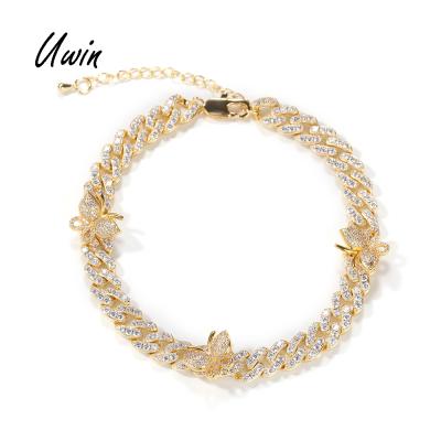 China NEW 9mm Cuban Link Anklets CZ 9inch Butterfly Anklet Chain Women Hiphop With Extension Chain Foot Jewelry for sale