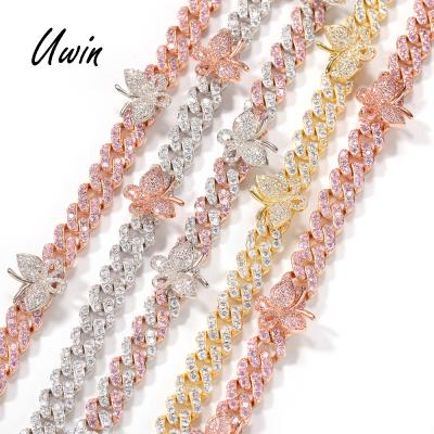 China New Small Hiphop Butterfly Cuban Link Anklet 9mm Iced Out CZ Cuban Anklets Women Hip Hop Hitter Bling Foot Jewelry for sale