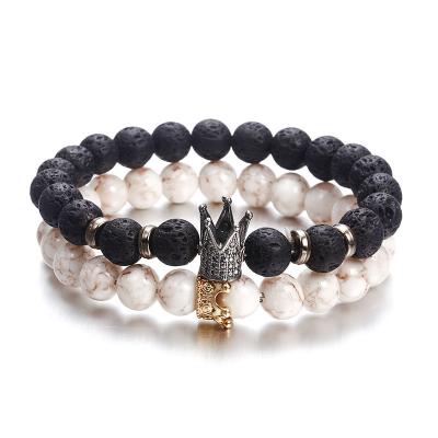 China Fashion Trendy Jewelry Vendors Crown Black White Stone Bracelets For Women Men Volcanic Couple Beads Cheap Bracelet Jewelry Custom for sale