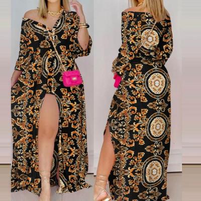 China Dt-000049autumn Single Breasted Asymmetrical Short Sleeve Print Slit Cardigan Lady Casual Dress Elegant Plus Size Women's Breathable Dresses for sale