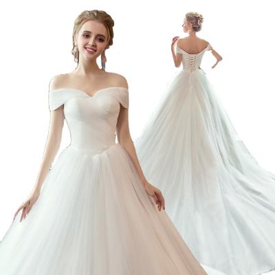 China DT-000070New Anti-wrinkle bride wedding dream tail long contracted slim sleeveless show off the shoulder simple set wedding dress prom dresses for sale