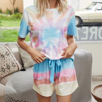 China QUICK DRY tie dye printed 2021 European and American hot sale women's casual short loungewear 2 round neck sleeve set above knee suit for sale