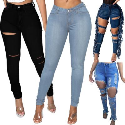 China New Arrival DT-P00012 Breathable Plus Size Pants Ladies Stylish Denim Ripped Jean Pants Destroyed Jeans Women for sale