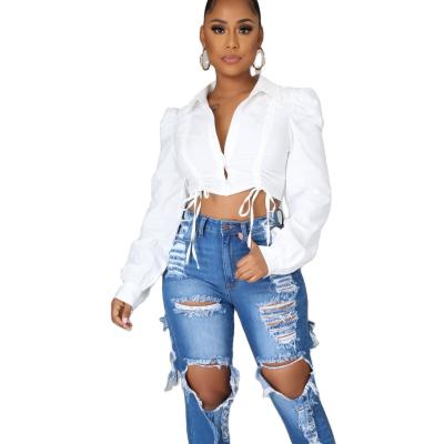 China Hot Sale DT-P000018 Fashion Stretch Hole High Waist Wash Color Breathable Women Ripped Jeans Plus Size High Rise Jeans for sale