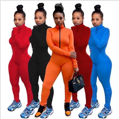 China Newest style DT-P000048 fashion fall winter QUICK DRY pure color women set stitch striped zipper pullout pleated overalls for sale