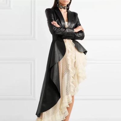 China DT-C000012Fashion PU Jackets Personality Show Tuxedo Belt Skirt Viable Asymmetrical Waist Long Slim Leather Coats Women's Jackets Coats for sale