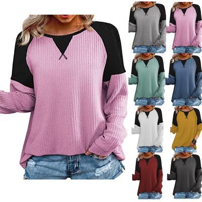 China 2021 Anti-wrinkle designer's latest waffle round collar and shoulder color matching shirts for women tops for sale