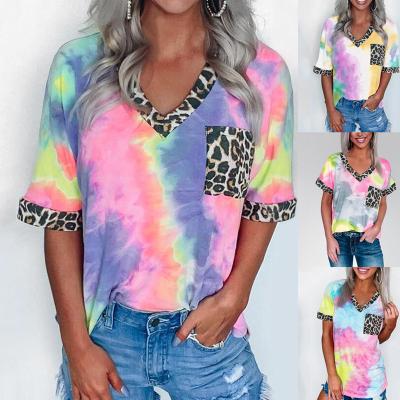 China 2021 Hot Women's Breathable Tops Style Tie Dye Leopard Patchwork Pocket V-Neck T-shirt Short Sleeve T-shirt For Women for sale