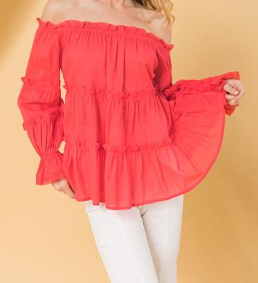 China DT-T000016Hot sale OEM anti-pilling top sleeve RED ruffle long sleeve off the shoulder ruffle sleeve blouse women casual tops and blouses for sale