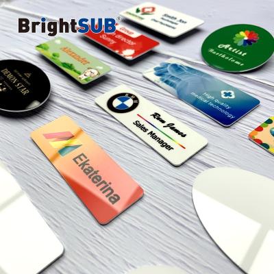 China With magnetic button or with plastic brooch pin. BrightSUB 1.0mm brushed gold light sublimation name badge metal aluminum name badges blank with magnetic for heat transfer print for sale