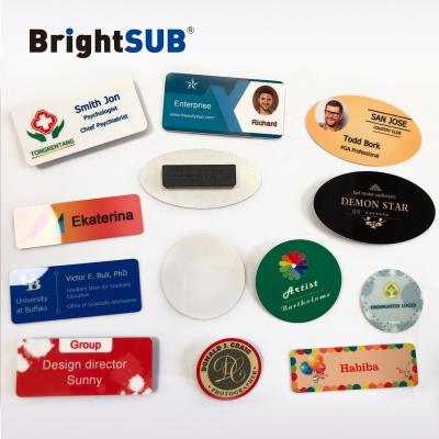 China With magnetic button or with plastic brooch pin. BrightSUB 1.0mm White Gloss Sublimation Name Badge Metal Aluminum Name Badges Blanks With Magnetic For Heat Transfer Printing Blanks for sale