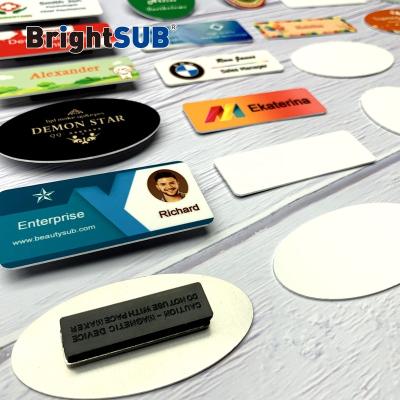 China With magnetic button or with plastic brooch pin. BrightSUB 1.0mm Matte White Sublimation Name Badge Metal Aluminum Name Badges Blanks With Magnetic For Heat Transfer Printable for sale