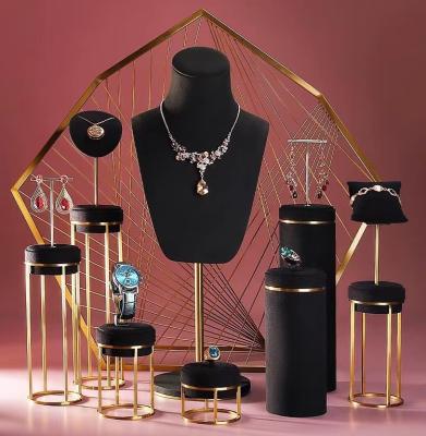 China OEM+ODM+Wholesale Metal Jewelry Display Sets Black Microfiber For Showcase Ring Earring Bangle Bracelet Necklace Store Pendant Display Set for sale