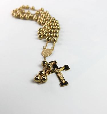 China Custom Religious Jewelry Stainless Steel Gold Jesus Cross Pendant With Long Ball Rosary Necklace for sale