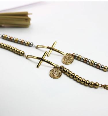 China Religious Jewelry Gold Plated Shiny Polished Stainless Steel Beads Link Jesus Cross Charm Bracelet for sale