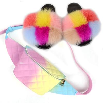 China Women's Cushioning Shoes Flip Flops Real Fox Fur Slides With Luxury Sandals And Jelly Purses Furry Bags Slippers Sets for sale