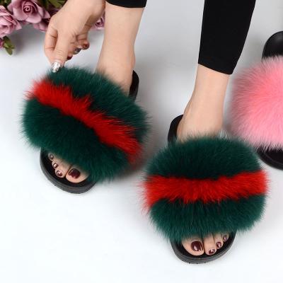 China Wholesale Fashion Fox Fluffy Real Furry Raccoon Big Fur Sandal Slipper Cushioning Cushioning Fox For Women for sale