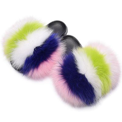 China Cushioning Fox Fur Slippers Raccoon Fur Slides Flip Flops Female Sandals Fluffy Rainbow Plush House Shoes for sale