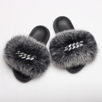 China Cushioning Fluffy Slides Flip Flops Diamond Chain Fur Hairy Fox Sandals Fur Slippers For Women Ladies for sale