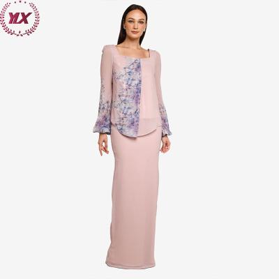 China Modern Fashion Baju Kurung New Fashion Flower Print Tops Pink Skirt Malaysia Women's Muslim Clothing Tudung Pemborong Baju Kurung for sale