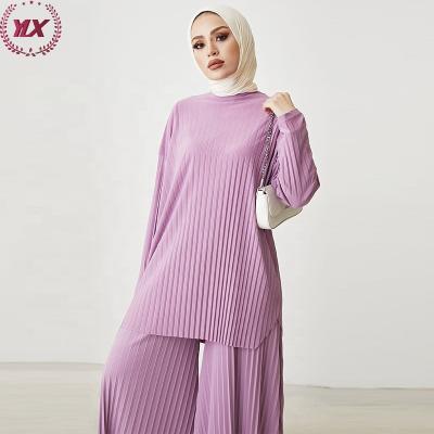 China Anti-Wrinkle Solid Color Muslim Casual Daily Wear Basic Tunic With Panty Set Women Blouse Islamic Clothing Loose Fitting Pleated Tops for sale