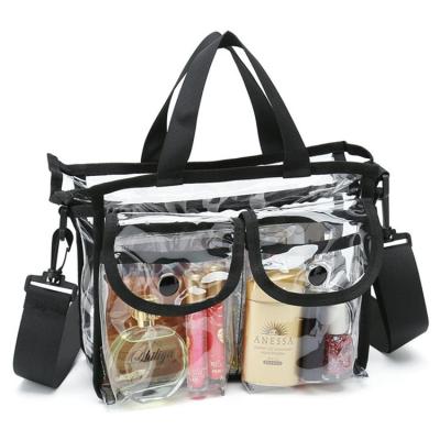 China Hot Selling PVC Makeup Bag Wholesale Fashion Large Waterproof Clear Transparent Cosmetic Bag Travel Makeup Bag With Shoulder Strap for sale