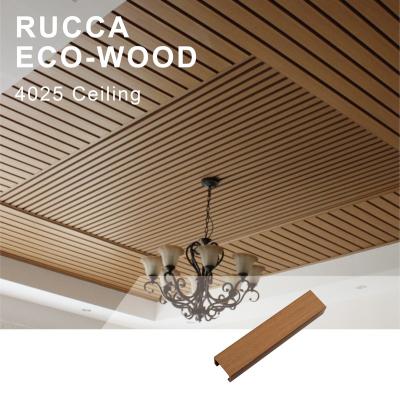 China Artistic Decorative Wood Rucca Plastic Composite PVC False Ceiling False Ceiling For Interior Suspended Decoration Hall Ceiling Panels Design for sale