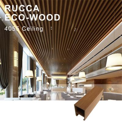 China Artistic Ceilings Rucca WPC/Wood PVC Interior Modern Decorative False Wood Ceiling For Prefab Room 40*55mm for sale