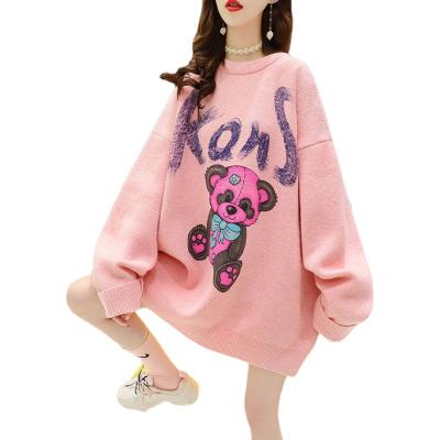 China New Arrival Curvy Women Lovely Neck Cartoon Print Anti-pilling Knitted Pullover for sale