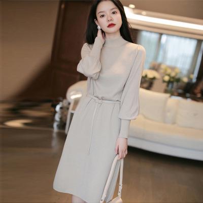 China Anti-wrinkle new arrival fashionable women loose fit long sleeve medium high neck sweater dress with belt for sale