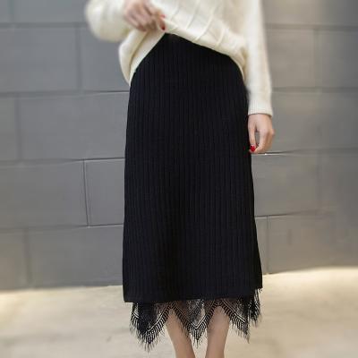 China 2019 Hot Sale Knitted High Waist Lace Inside Above Knee Back Split Long Knitted Girls Half Skirt for sale