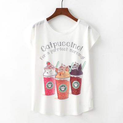 China Hot Sale Anti-pilling Loose Neck Cat Ice Cream Print Cute Women T-shirt for sale