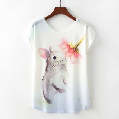 China New Arrival Crewneck Anti-pilling Short Sleeve Rabbit Smell Flowers Print Women Blouse Shirt for sale