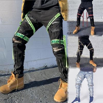 China QUICK DRY - 067 In Street Fashion Hip Hop Running Jeans Pants With Ribbons Letter Print Ripped Pencil Jeans Men Slim Fit for sale