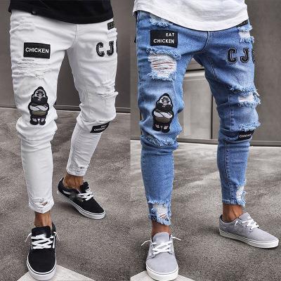 China Europea Sustainable Men's Patch Jeans 2021 High Wist Tapered Wrinkle Fashion Denim Pants for sale