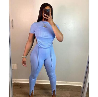 China QUICK DRY Textured Jogging Drawstring 2 Piece Crop Set Sexy Body Woman Backless Suit 2021 Summer Set For Woman Two Piece Tracksuit for sale