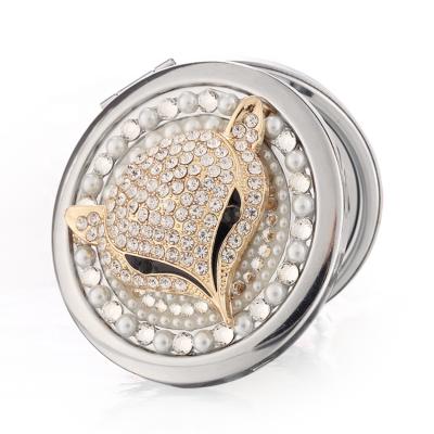 China Handmade Bilateral and Fashion Customize Diamond Gem Crystal Fox Compact Pocket Mirror for sale