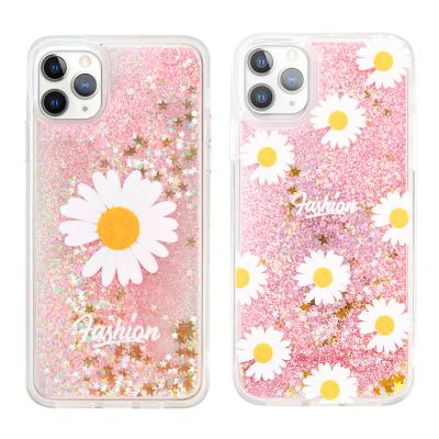 China Back Phone Cover Flowers Pattern Liquid Quicksand Phone Case For iPhone 11 Pro Bling Cover For Samsung Huawei Xiaomi Realme OPPO for sale