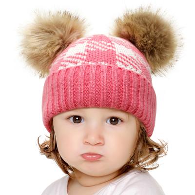 China Character Faux Fur Ball Beanie Hats Toddler Knit Cap Winter Warm Children Hat Covers Baby Hat for sale