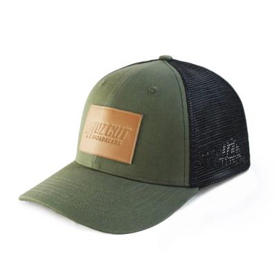 China Kaavie Leather Patch COMMON Logo Olive Green Trucker Hat Custom Mesh Trucker Caps Hats for sale