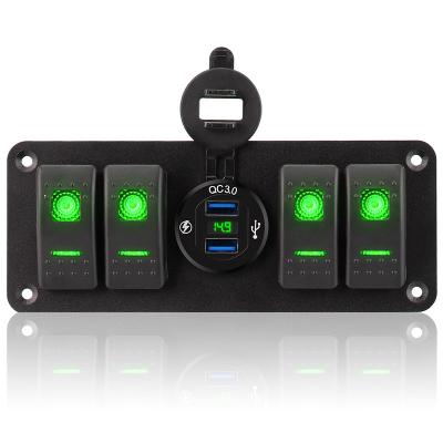 China Adopting Technology 4 Gang Car Switch Panel 12/24V Circuit Control Combination Dual Capacitive Sensing Rocker LED Digital Voltmeter USB Port Outlet For RV Marine Truck for sale