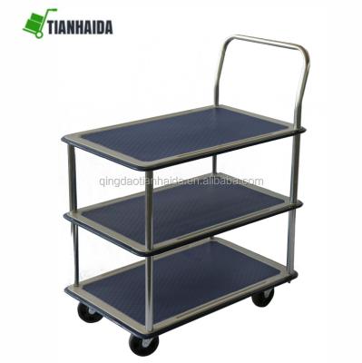 China Modern 3 Layer Kitchen Serving Platform Hand Truck Warehouse Flat Bed/Metal Hand Cart Serving Trolley Trolley for sale