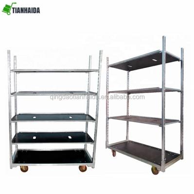 China Durable Flower Display Four Wheel Heavy Duty Nursery Platform Steel Carriage Cart for sale