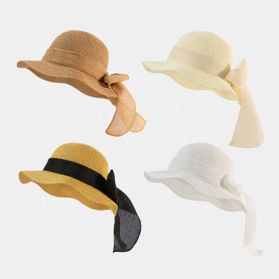 China British Women Straw Hat With Bowknot Summer Bucket Style Dongkuan Character Wholesale Beach Hats for sale