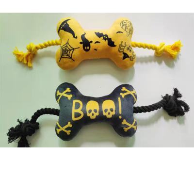 China Wholesale Cheap Stocked Halloween Bone Shaper Pet Plush Toys with Squeaker and Rope for Dog Cats for sale