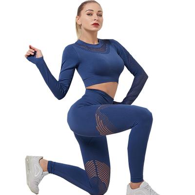 China Yoga Gym.Running.Sport Amazon Women's High Waist Naked Long Sleeve Navel Hot Border Cavity Skinny Yoga Pants Fitness Set for sale