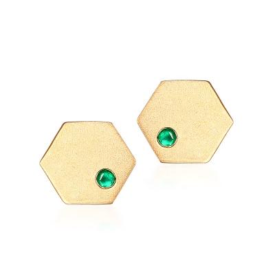 China Nickel Free Hexagon Solid Gold Earrings 14K Gold And Real Emerald Stud Earrings for sale