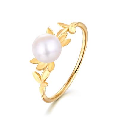 China Freshwater Pearl Ring Women Leaf Shape Gold Ring Designs For Party Fancy 14K 18K Nickel Free Gold for sale