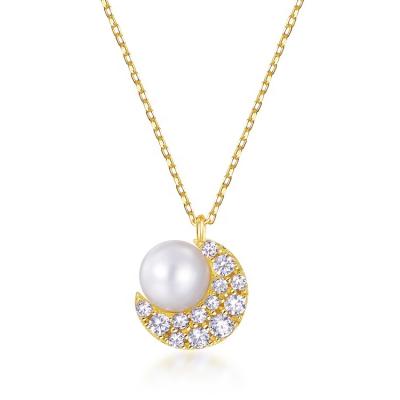 China Nickel Free Women's 14k Solid Gold Moon Necklace 5A CZ Freshwater Pearl Necklace for sale